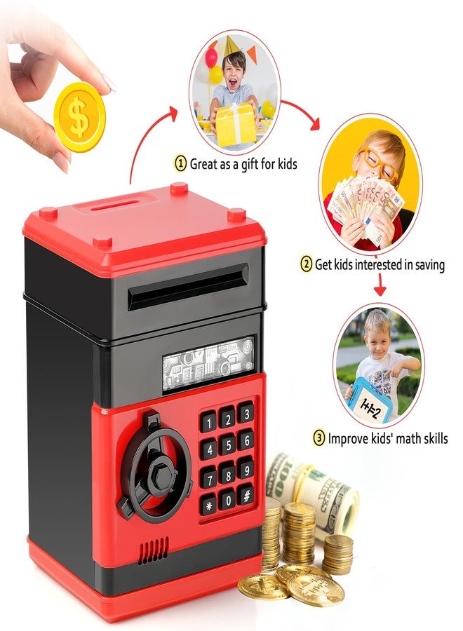 Vcertcpl ATM Piggy Bank for Boys Girls, Vcertcpl Mini ATM Coin Bank Money Saving Box with Password, Kids Safe Money Jar for Adults with Auto Grab Bill Slot, Great Gift Toy Bank for Kids (RedBlack 02) - Image 5